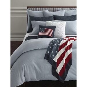 Ralph‎ Lauren Home King Flat Sheet Workshirt Chambray Blue Cotton NEW